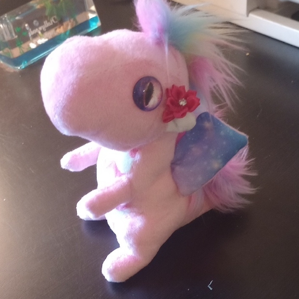 Adorable Hand Sewn Pink Plush Dragon with Rainbow Mane